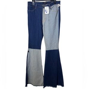 Patchwork Flare Jeans - Blue and Gray
